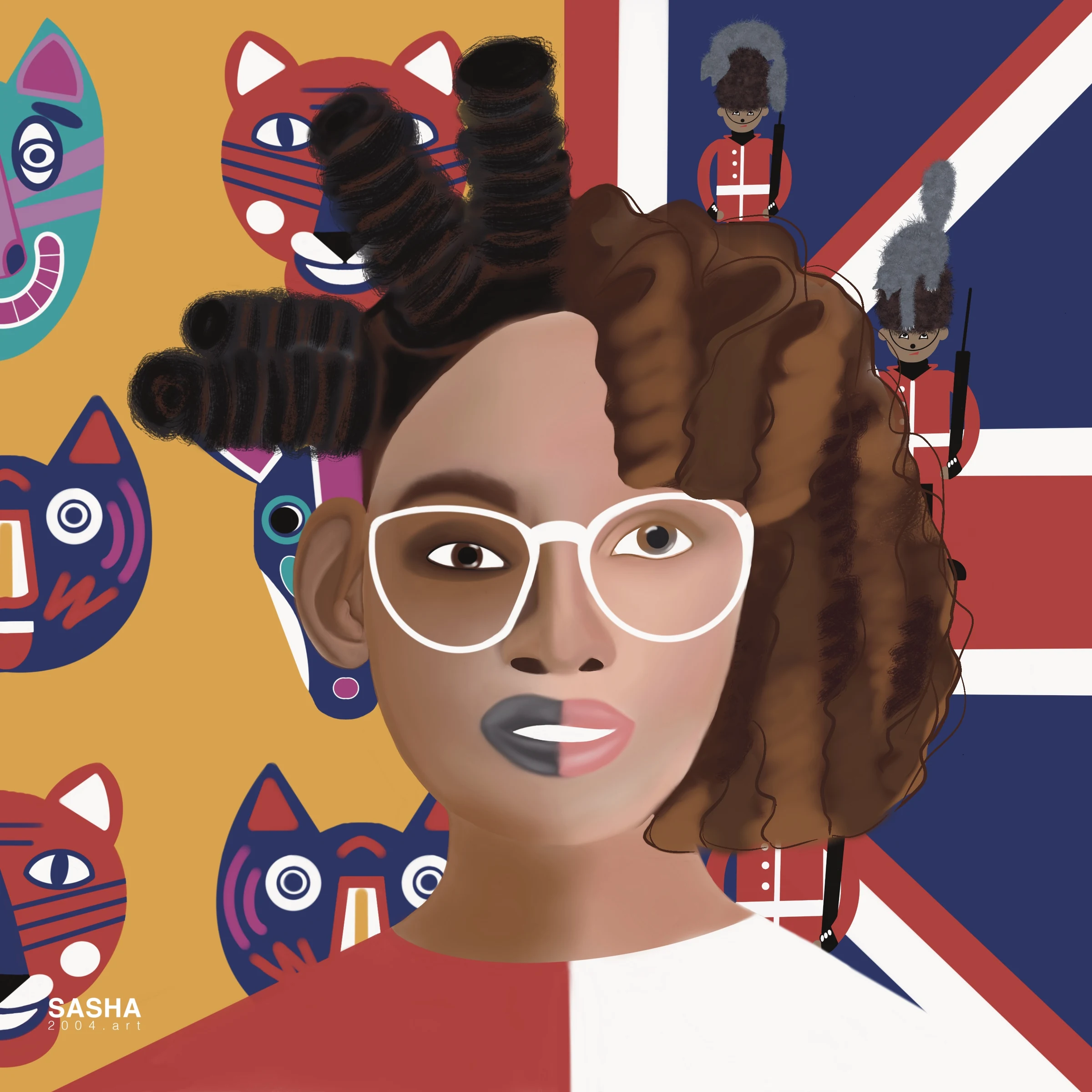 Digital portrait combining visual motifs associated with Kenya and England