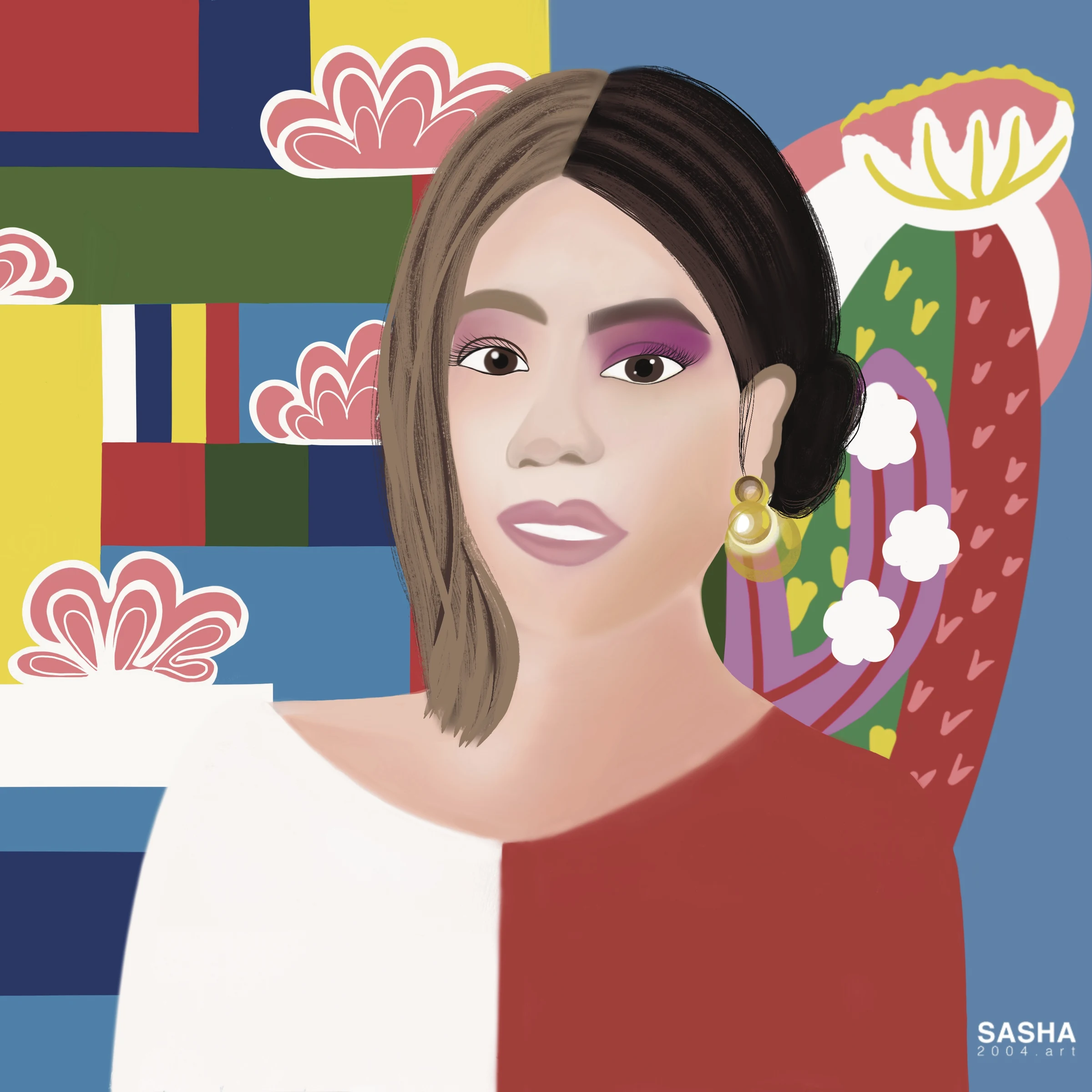 Digital portrait combining visual motifs associated with South Korea and Mexico