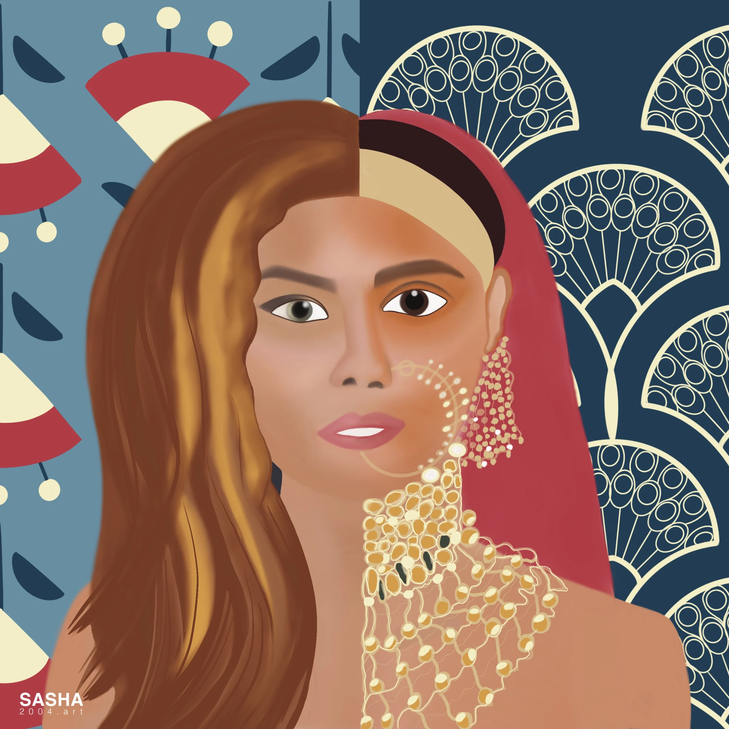 Digital portrait combining visual motifs associated with Denmark and India