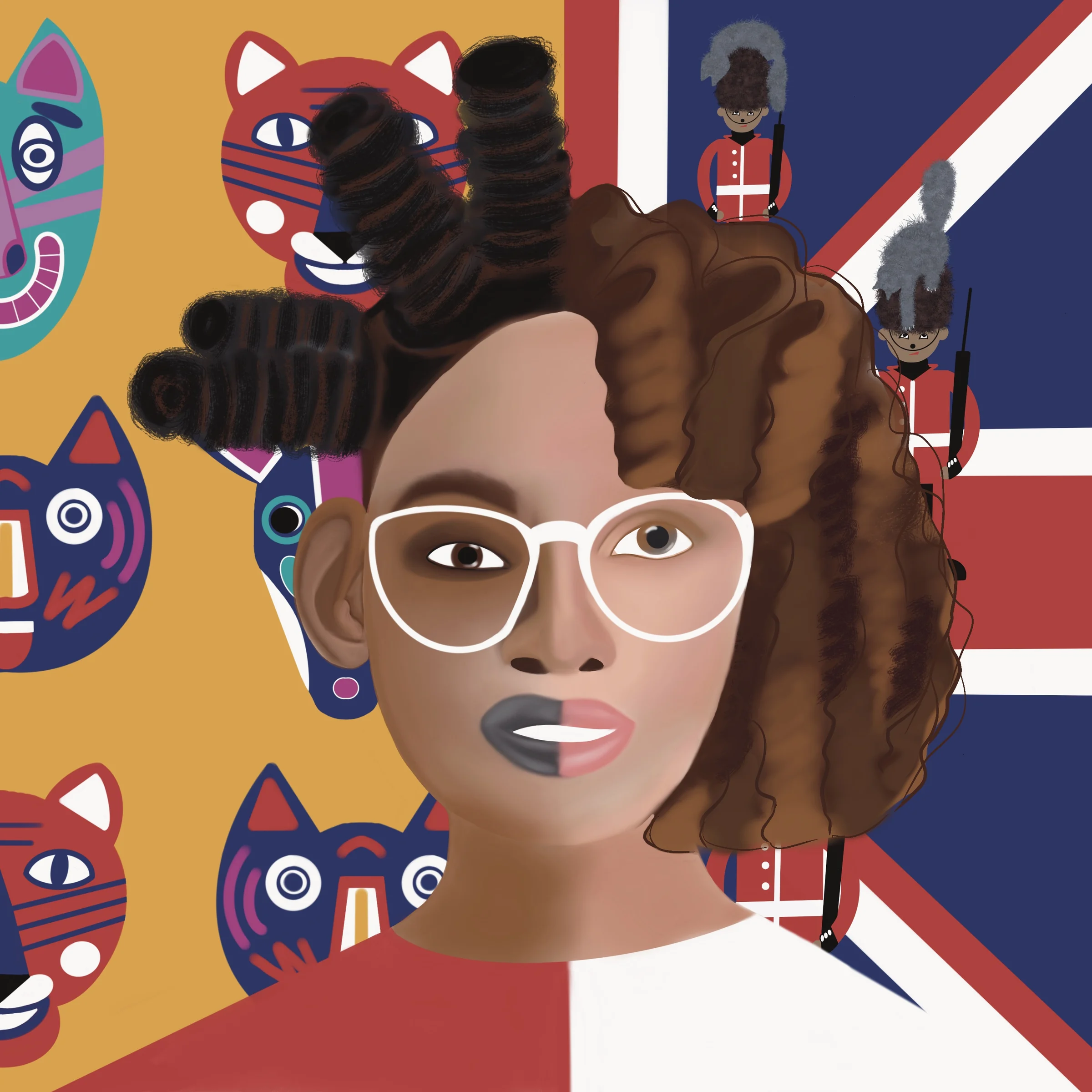 Digital portrait combining visual motifs associated with Kenya and England