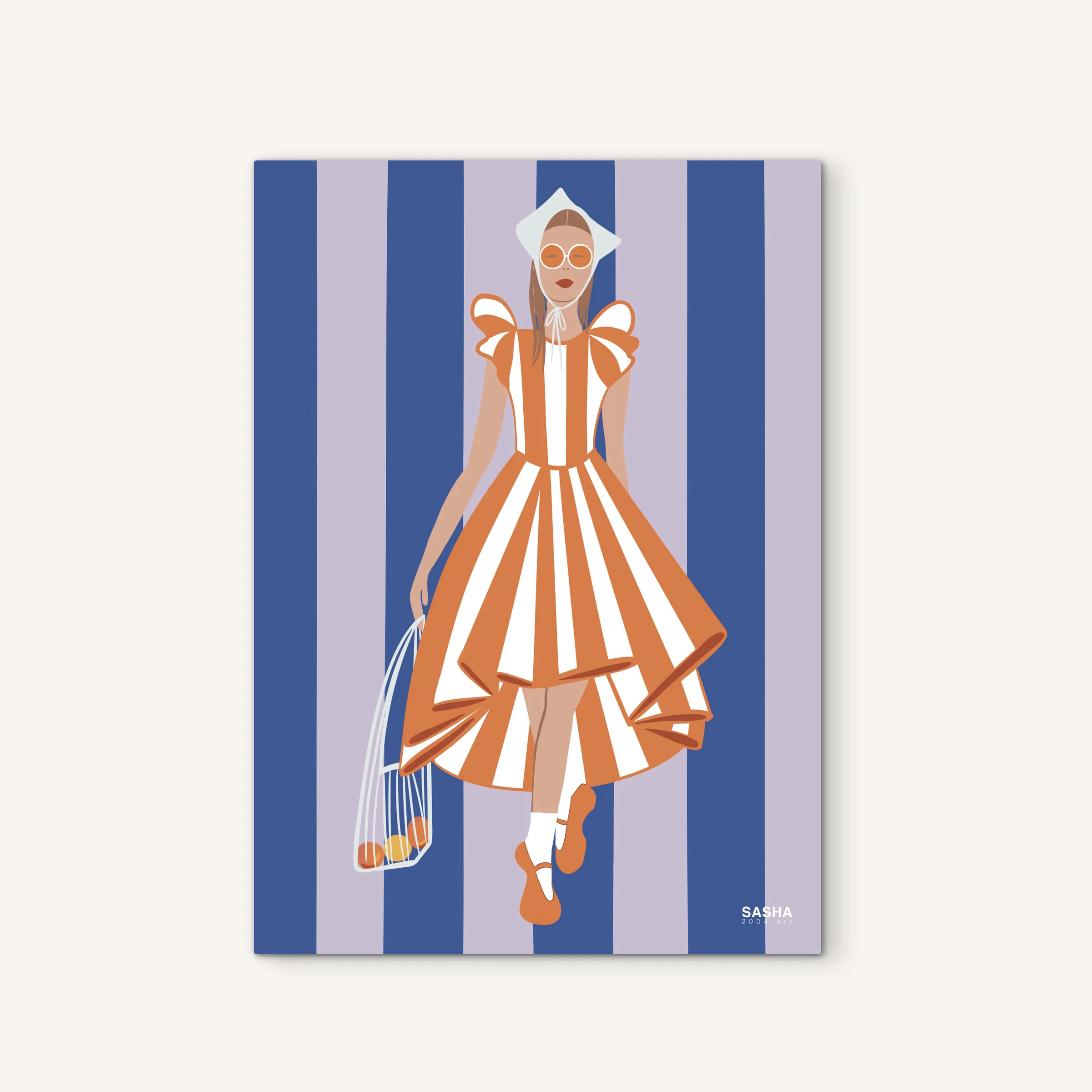 Art print of a woman in an orange and white striped dress